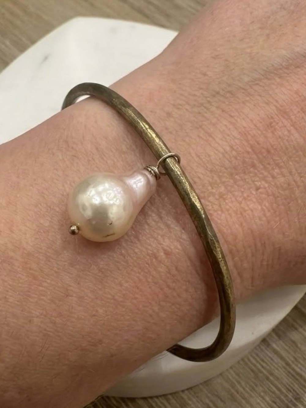 Baroque Pearl Dangle Brass Bangle